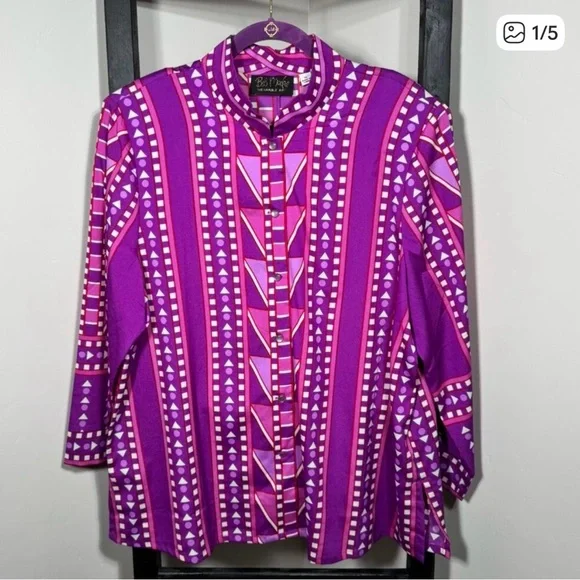 Bob Mackie Wearable Art Geometric Blouse — Vintage Bold Purple Print! - Picture 1 of 4